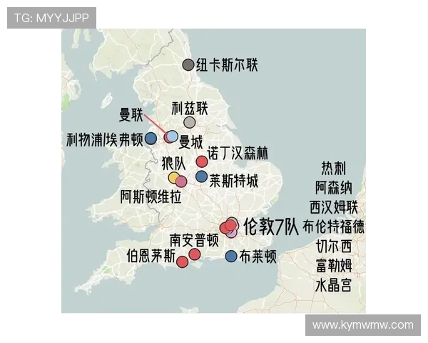 最新英文版英超球队分布图及对应城市一览